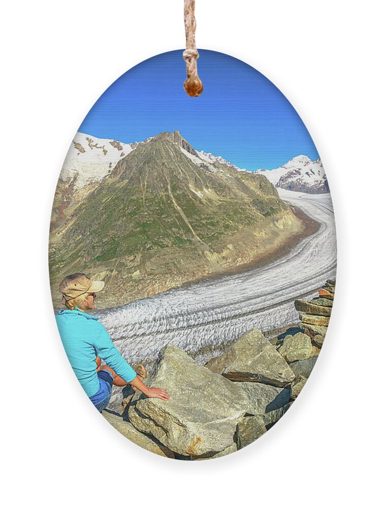 Glacier Ornament featuring the photograph Switzerland Glacier Woman Hiking #2 by Benny Marty