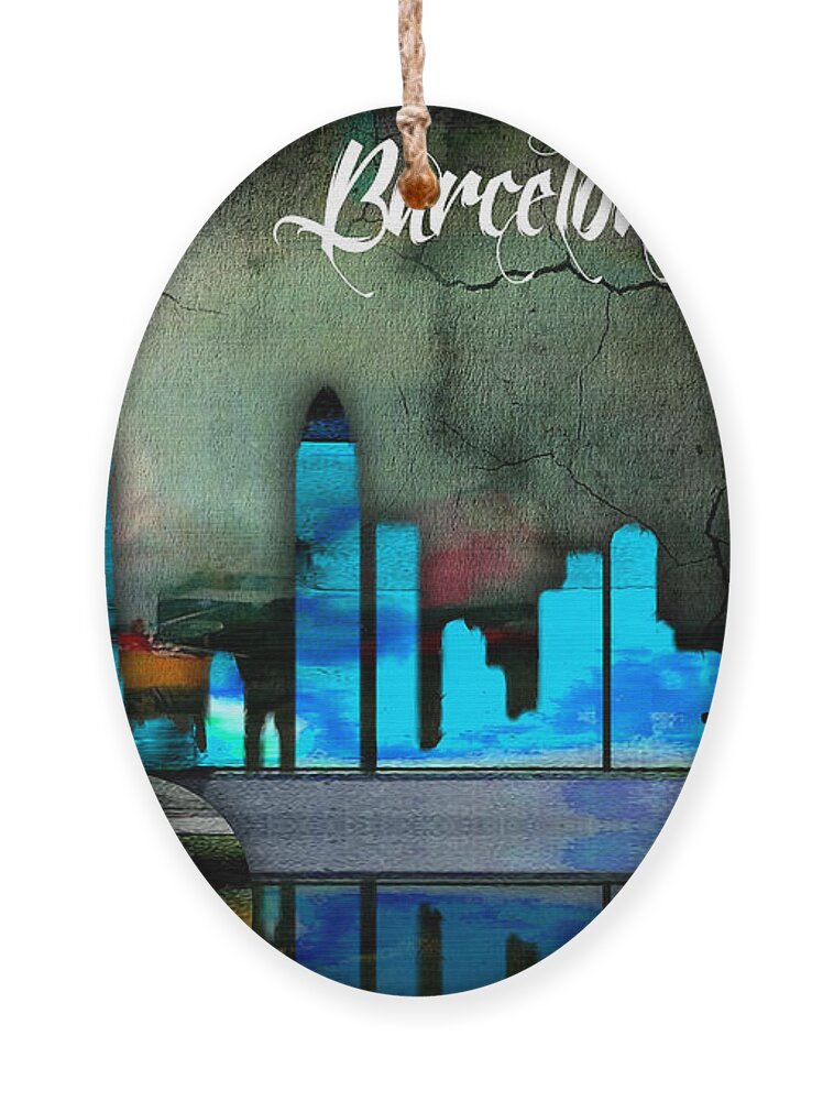 Barcelona Art Ornament featuring the mixed media Barcelona Spain Skyline Watercolor #3 by Marvin Blaine