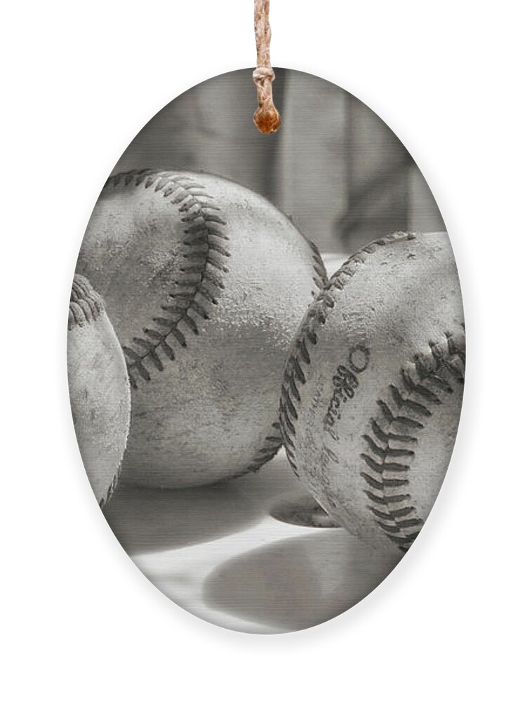 Three Baseballs Ornament featuring the photograph 3 Baseballs on a Bucket in Sepia by Leah McPhail