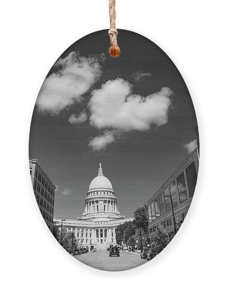 United States Of America Ornament featuring the photograph Wisconsin state capitol building in Madison Wisconsin in black and white #4 by Eldon McGraw