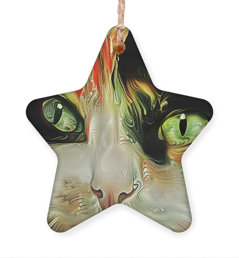 Cat Ornament featuring the digital art A Calico Cat Named Shadow by Peggy Collins