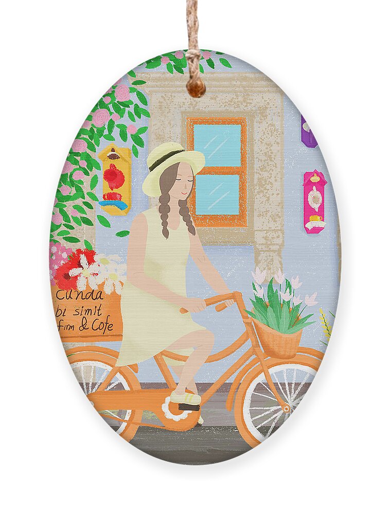 Girl Ornament featuring the drawing A girl on a bicycle by Min Fen Zhu
