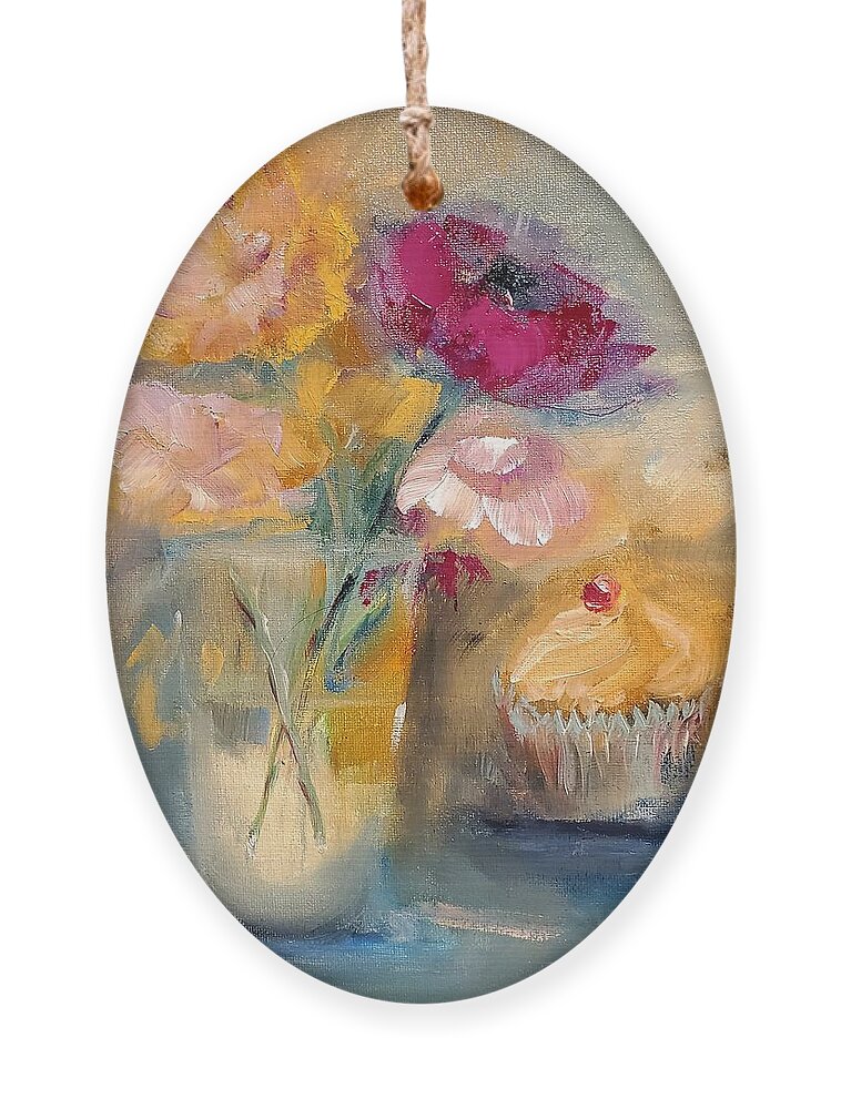 Cake Ornament featuring the painting A little Cake And Flowers Today by Lisa Kaiser