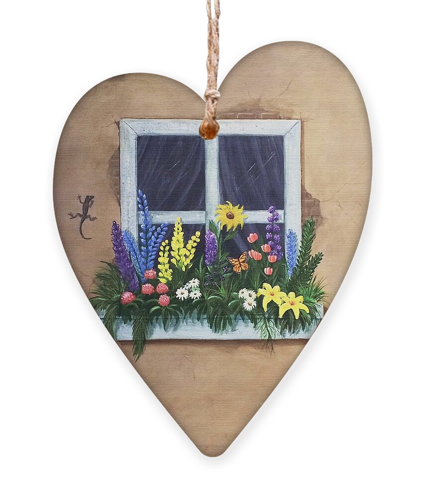 Flowers Ornament featuring the painting A Lizard's Hideaway by Marlene Little