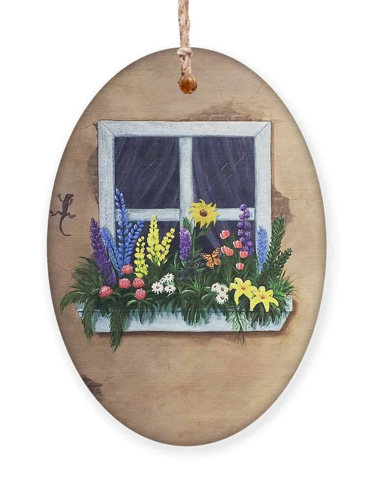 Flowers Ornament featuring the painting A Lizard's Hideaway by Marlene Little