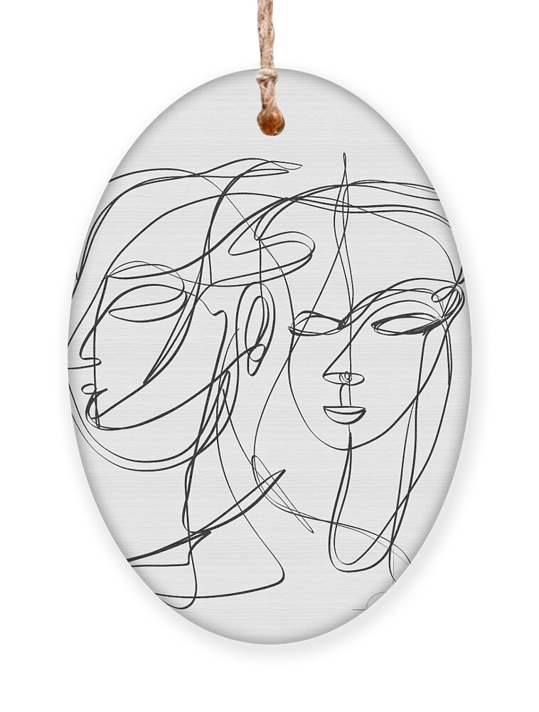 Sketch Ornament featuring the digital art A one-line abstract drawing depicting two faces in a symbiotic relationship by OLena Art