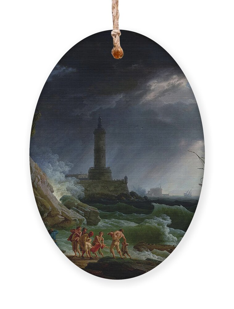 A Storm On A Mediterranean Coast Ornament featuring the painting A Storm on a Mediterranean Coast by Claude Joseph Vernet by Rolando Burbon