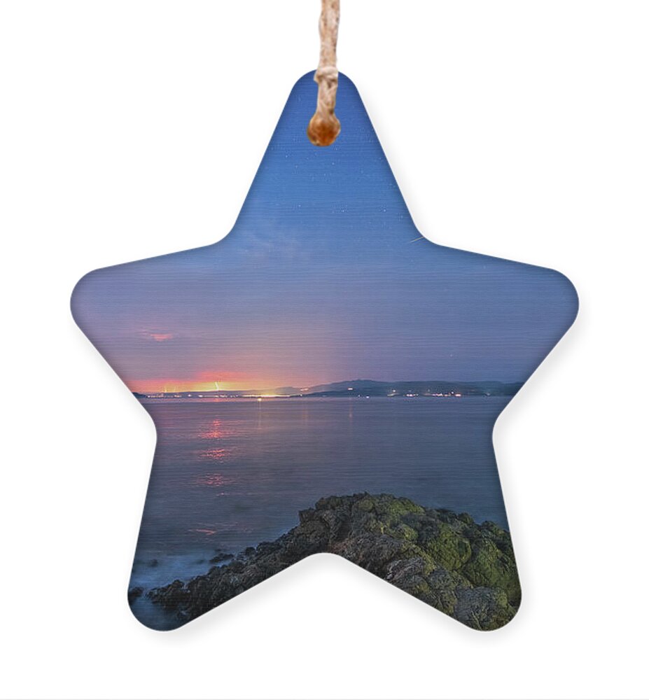 Thunderstorm Ornament featuring the photograph A Thunderstorm and a Perseid Meteor Shower by Alexios Ntounas