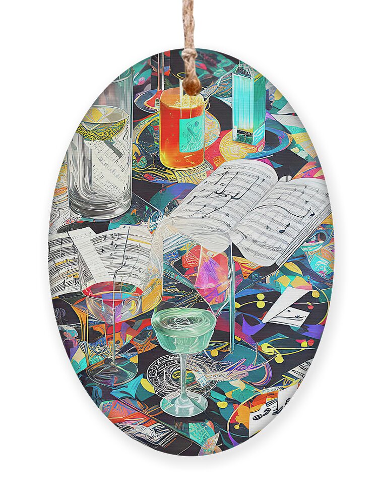 Sheet Music Ornament featuring the digital art Abstract Expressive Modern Art Bottles Sheet Music Creativity Room by Ginette Callaway
