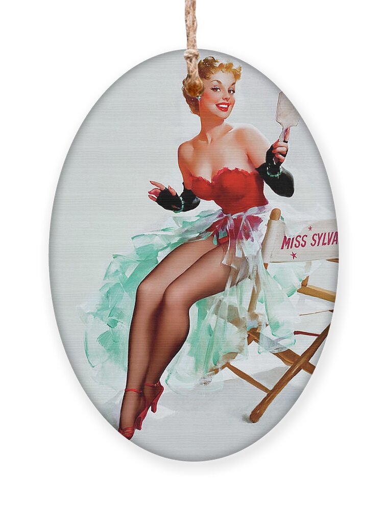 Admiring Miss Sylvania Ornament featuring the painting Admiring Miss Sylvania by Gil Elvgren Vintage Xzendor7 Old Masters Reproductions by Rolando Burbon