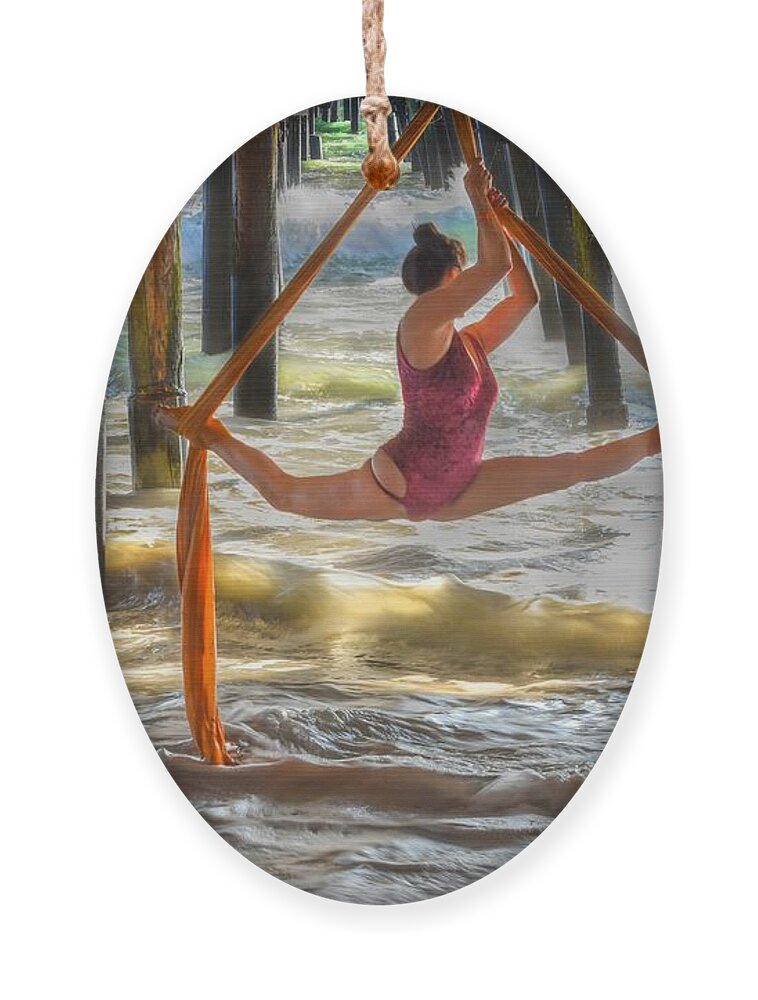 Aerial Silk Dancer Ornament featuring the photograph Aerial Silk Dancer Under the Pier by Rebecca Herranen
