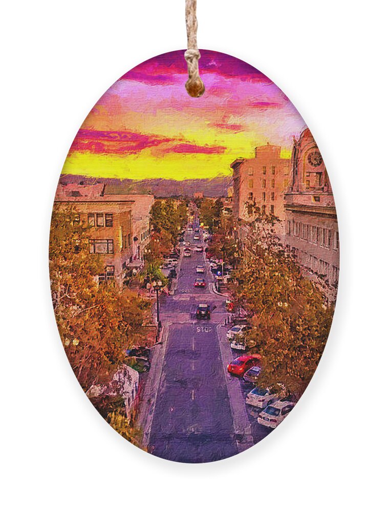 W 4th Street Ornament featuring the digital art Aerial view of W 4th Street in downtown Santa Ana - digital painting by Nicko Prints