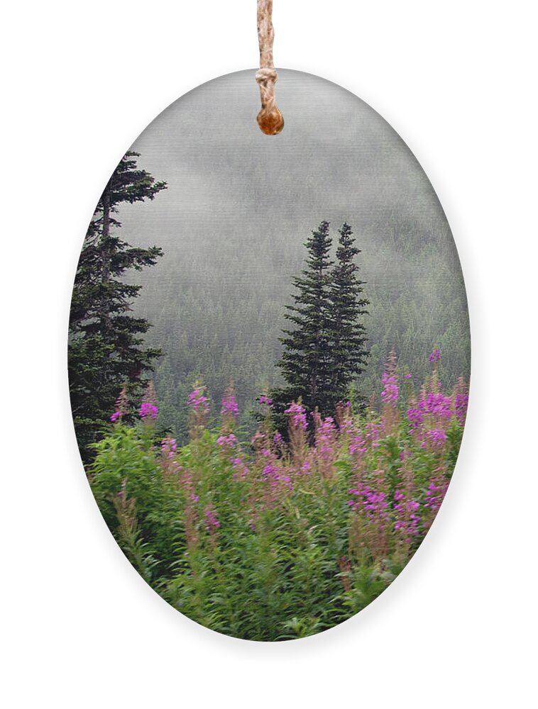 Skagway Ornament featuring the photograph Alaska Pines and Wildflowers by Karen Zuk Rosenblatt