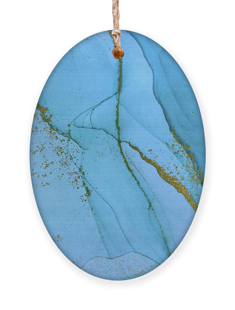 Blue Ornament featuring the painting Alcohol ink blue and gold abstract background. Ocean style water by Tony Rubino