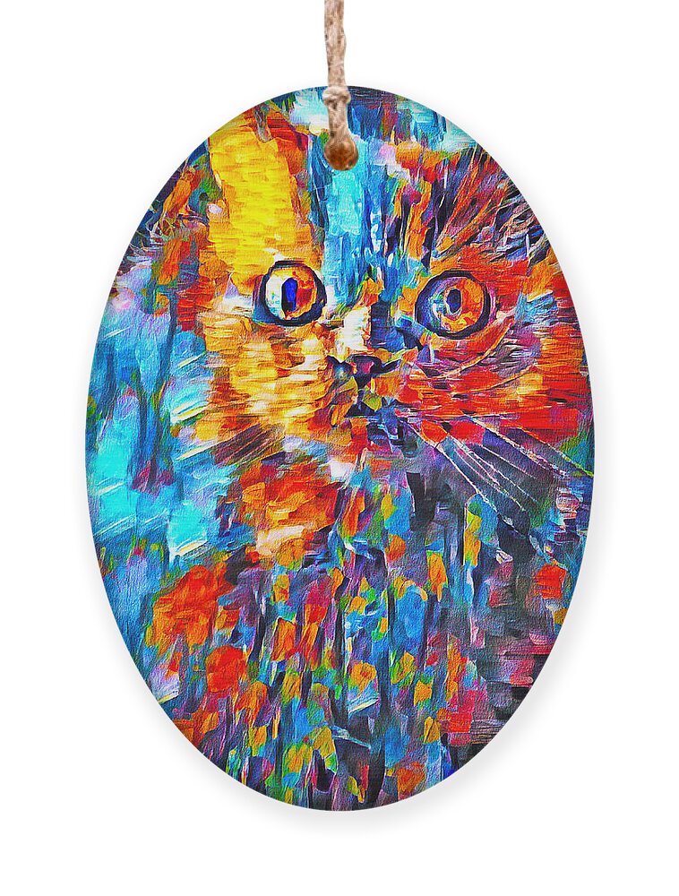 Persian Cat Ornament featuring the digital art Alert colorful Persian cat abstract painting by Nicko Prints