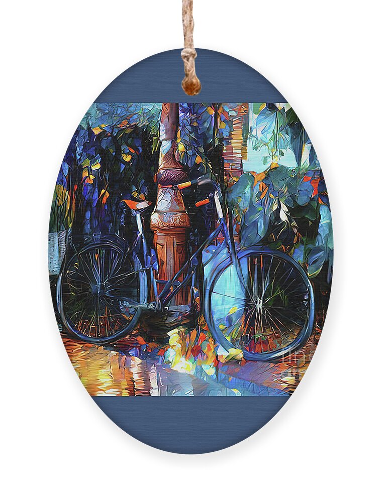 Amsterdam Ornament featuring the photograph Amsterdam street scene with bicycle leaning against a lamp post and colourful flowers. Digital painting by Jane Rix