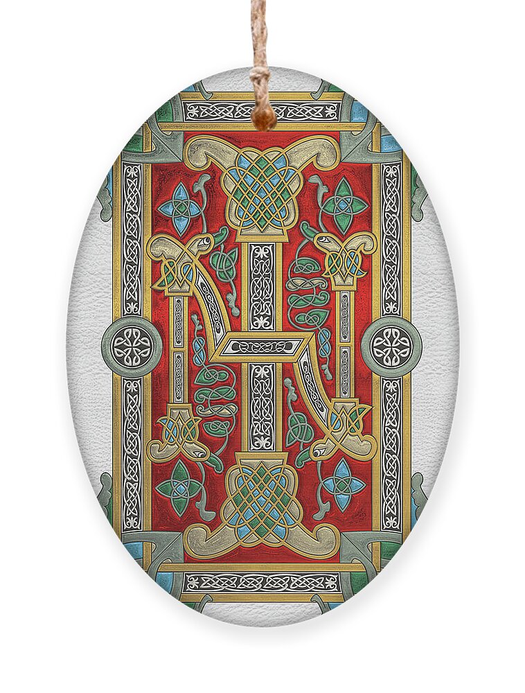 ‘celtic Treasures’ Collection By Serge Averbukh Ornament featuring the digital art Ancient Celtic Runes of Hospitality and Potential - Illuminated Plate over White Leather by Serge Averbukh