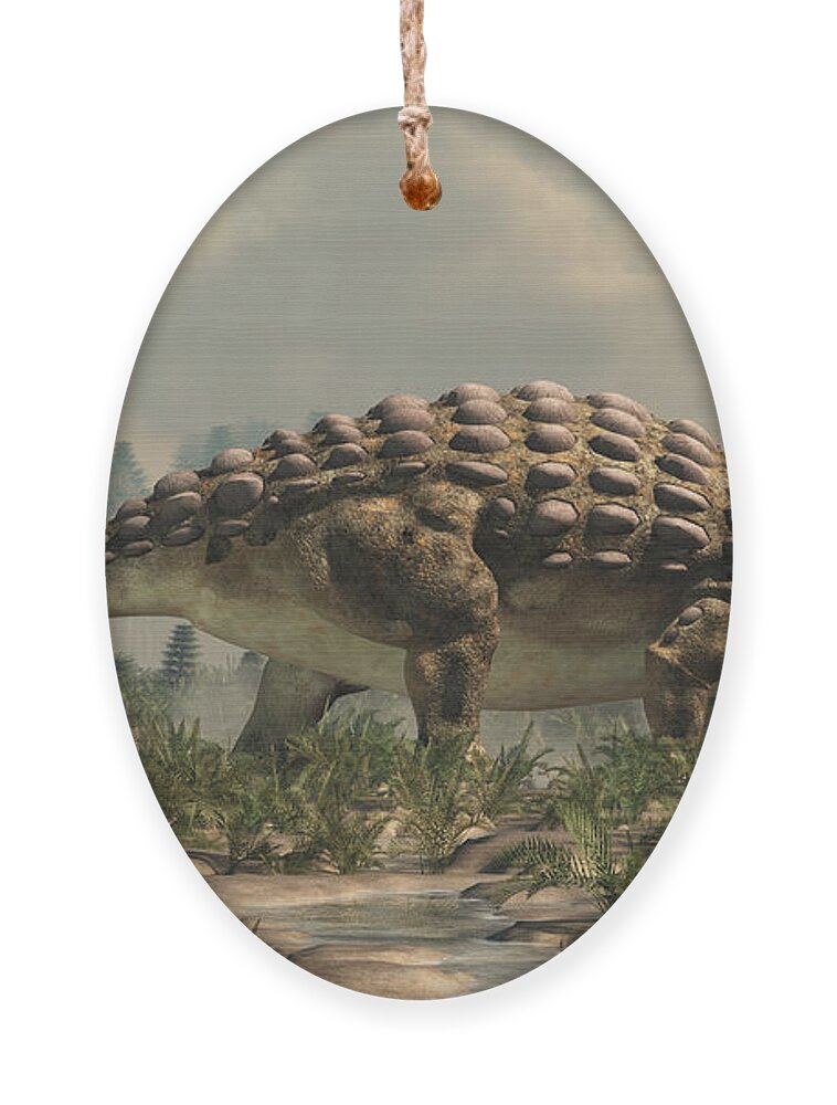 Ankylosaurus Ornament featuring the digital art Ankylosaurus in a Cretaceous Wetland by Daniel Eskridge