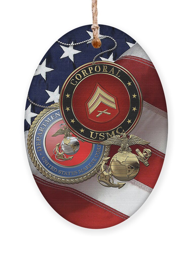 Military Insignia & Heraldry Collection By Serge Averbukh Ornament featuring the digital art U.S. Marine Corporal Rank Insignia with Seal and EGA over American Flag by Serge Averbukh