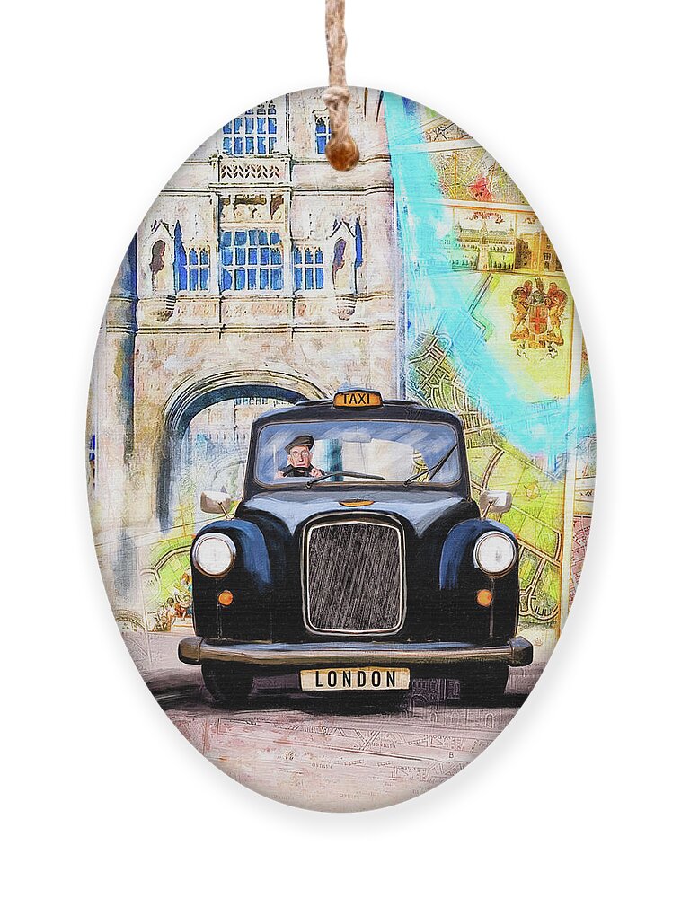 London Ornament featuring the mixed media Black Cab - Vintage London Map Collage by Mark Tisdale