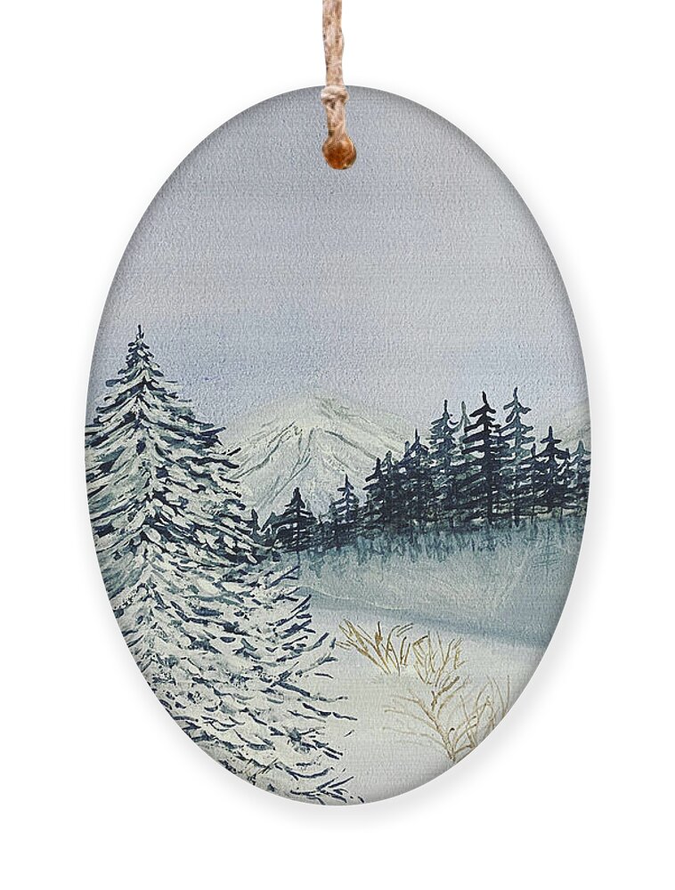 Winter Ornament featuring the painting Winter Tree and Mountains by Lisa Neuman