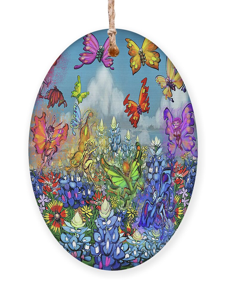 Wildflowers Ornament featuring the digital art Wildflowers Pixies Bluebonnets n Butterflies by Kevin Middleton