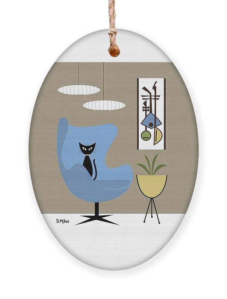 Mid Century Cat Ornament featuring the digital art Black Cat in Blue Egg Chair by Donna Mibus