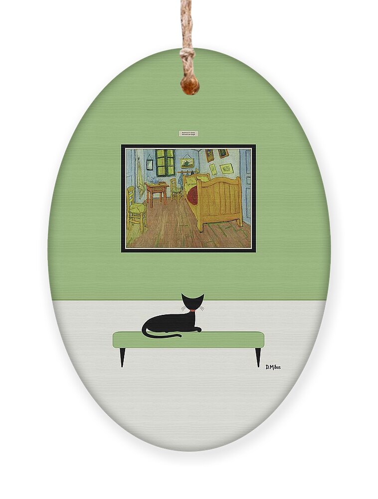 Cat At Museum Ornament featuring the digital art Black Cat Admires Van Gogh Bedroom by Donna Mibus