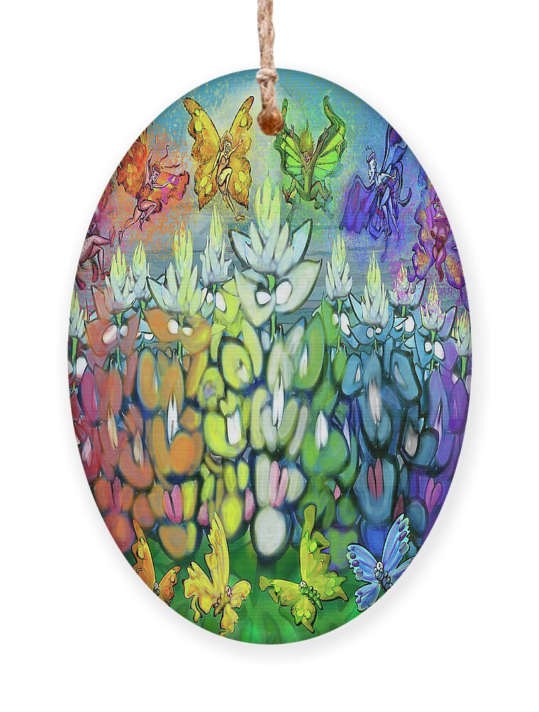 Rainbow Ornament featuring the digital art Rainbow Bluebonnets Scene w Pixies by Kevin Middleton