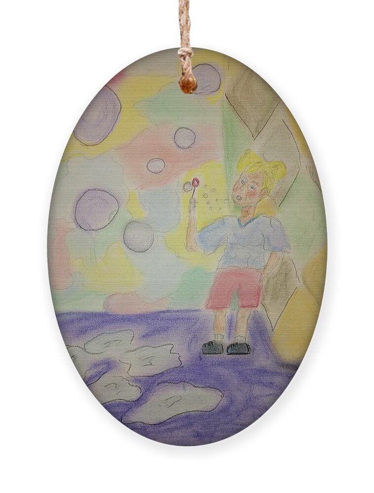 Child Ornament featuring the pastel Ashley Blowing Bubbles by Suzanne Berthier