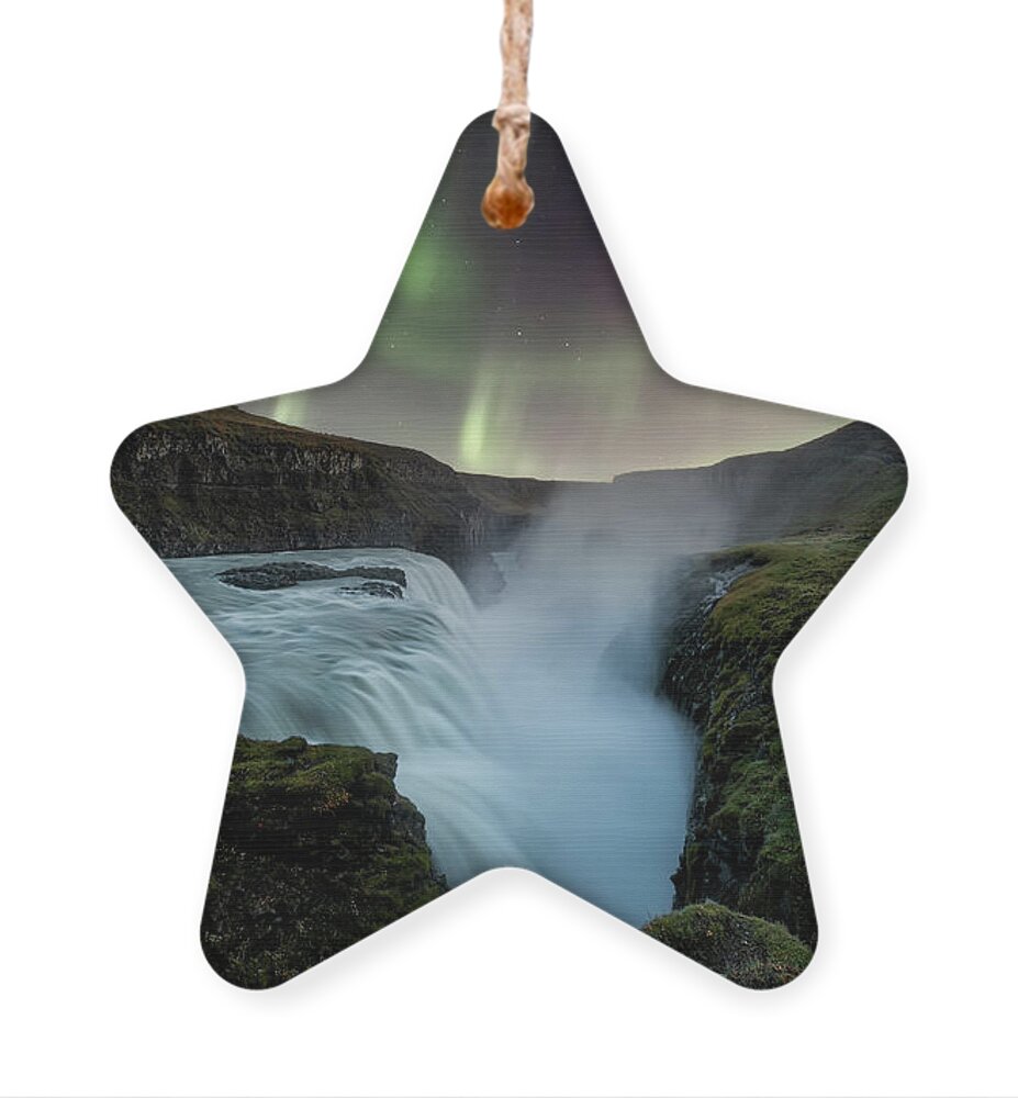 Gullfoss Ornament featuring the photograph Aurora Borealis over Gullfoss Waterfall in Iceland by Alexios Ntounas