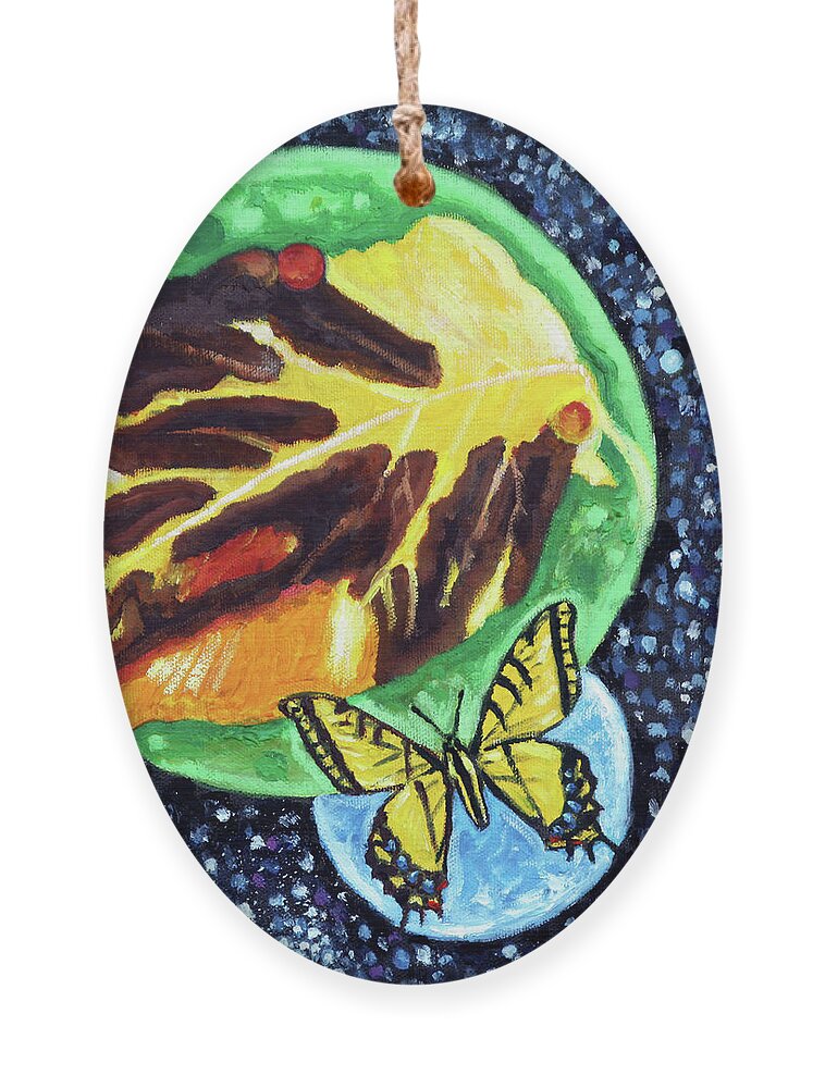 Leaf Ornament featuring the painting Autum on a Small Planet by John Lautermilch