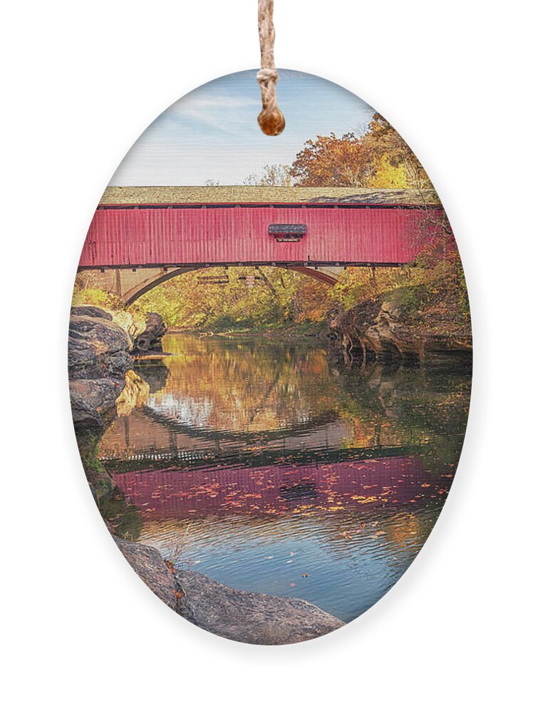 Parke County Ornament featuring the photograph Autumn at Narrows Covered Bridge by Susan Rissi Tregoning
