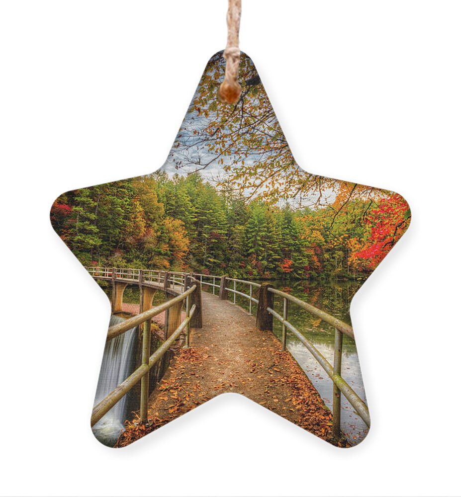 Carolina Ornament featuring the photograph Autumn Trees at the Dam by Debra and Dave Vanderlaan