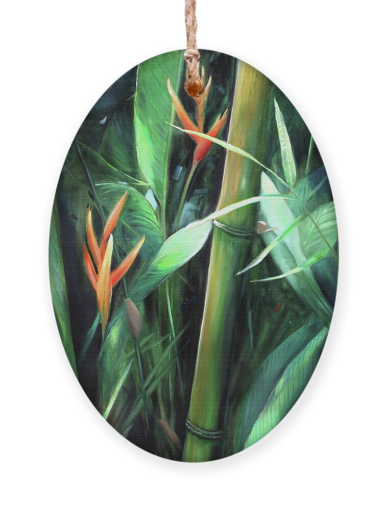 Floral Ornament featuring the painting Bamboo and Bird of Paradise 2 by Jonathan Guy-Gladding JAG
