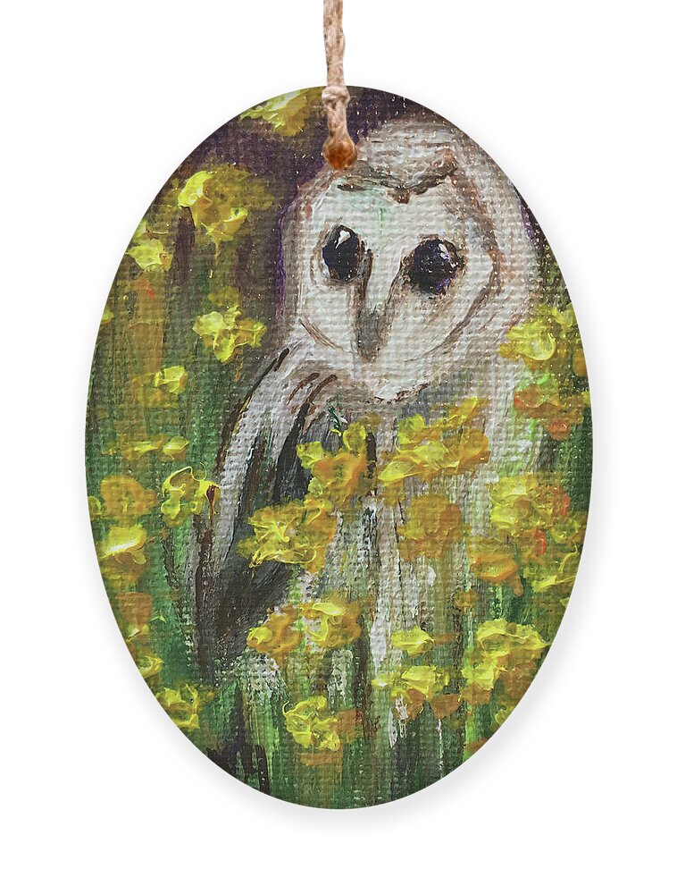 Barn Owl Ornament featuring the painting Barn Owl in Yellow Flowers by Roxy Rich
