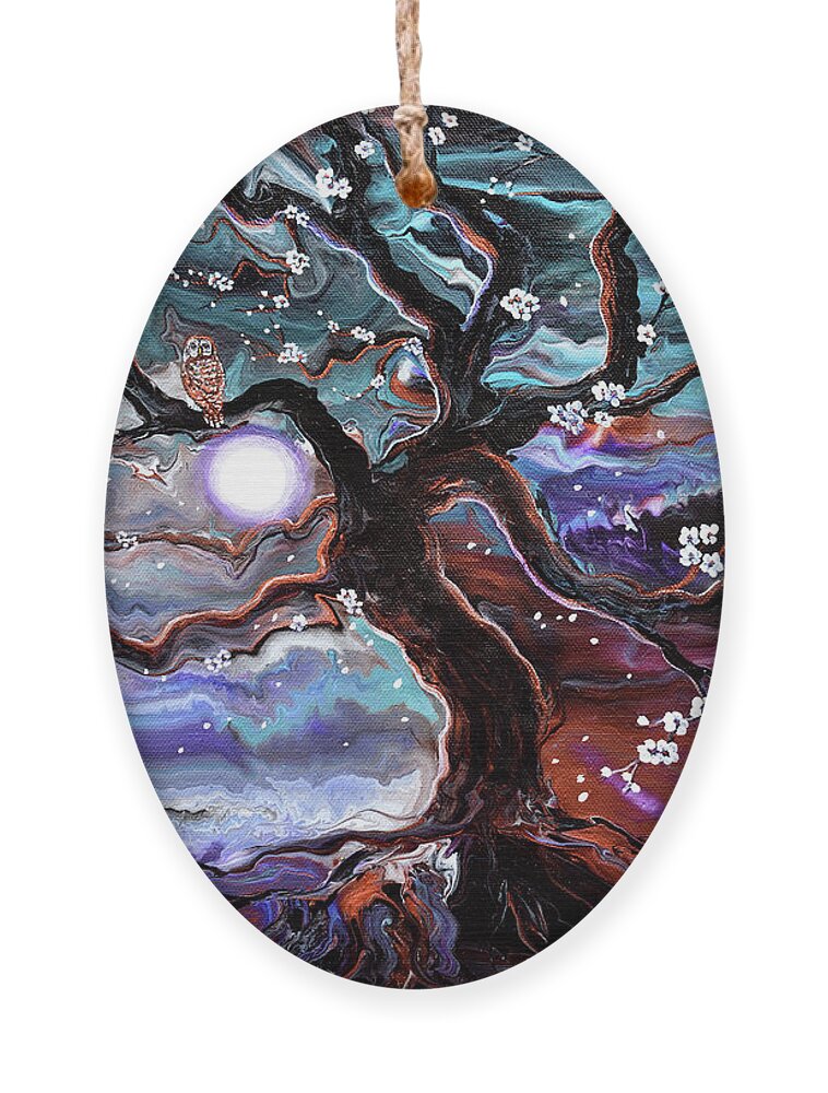 Barred Owl Ornament featuring the painting Barred Owl in a Blossoming Tree of Life by Laura Iverson