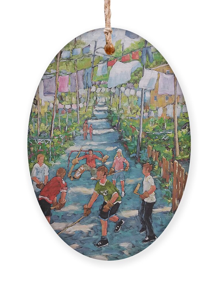 Children Playing Field Hockey On A Hot Summer Day In An Alley In Ornament featuring the painting Best Days Of Summer_30X24X1.5 by Richard T Pranke