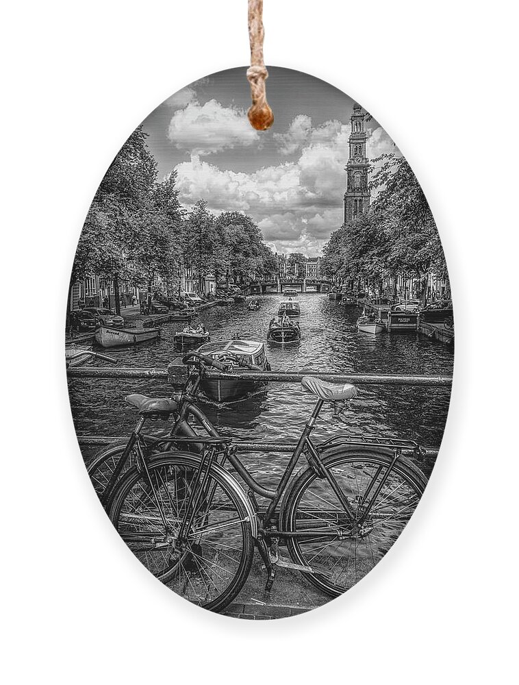 Boats Ornament featuring the photograph Bicycles on the Canals II in Black and White by Debra and Dave Vanderlaan