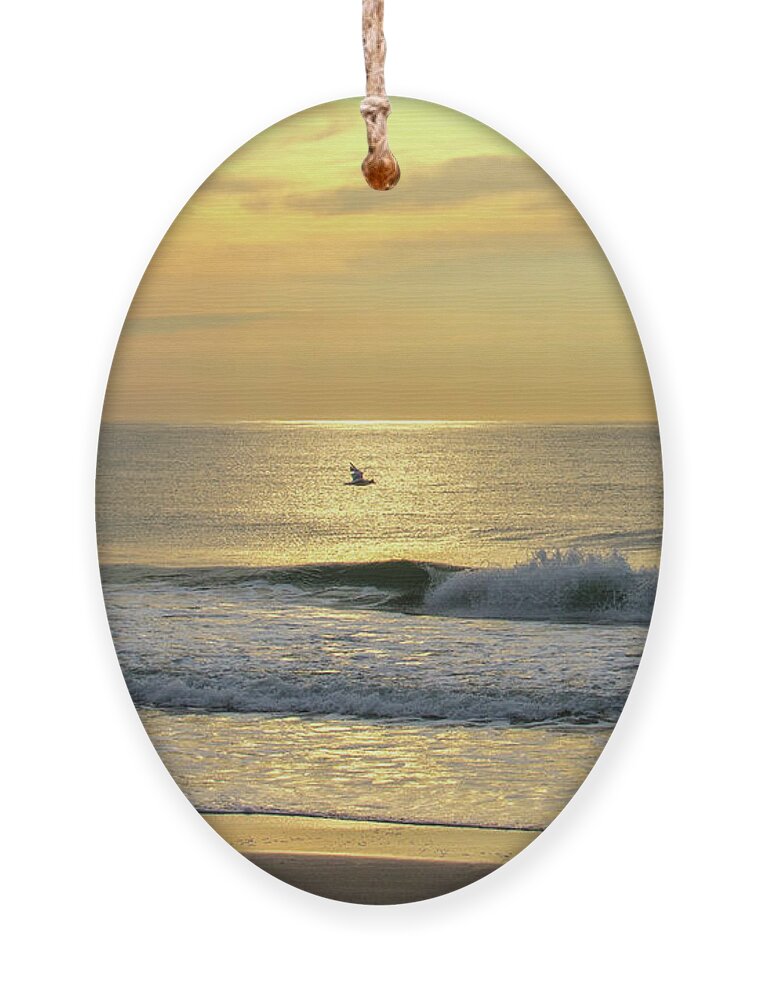 Jersey Shore Ornament featuring the photograph Bird in Flight Over Ocean at Sunrise by Matthew DeGrushe