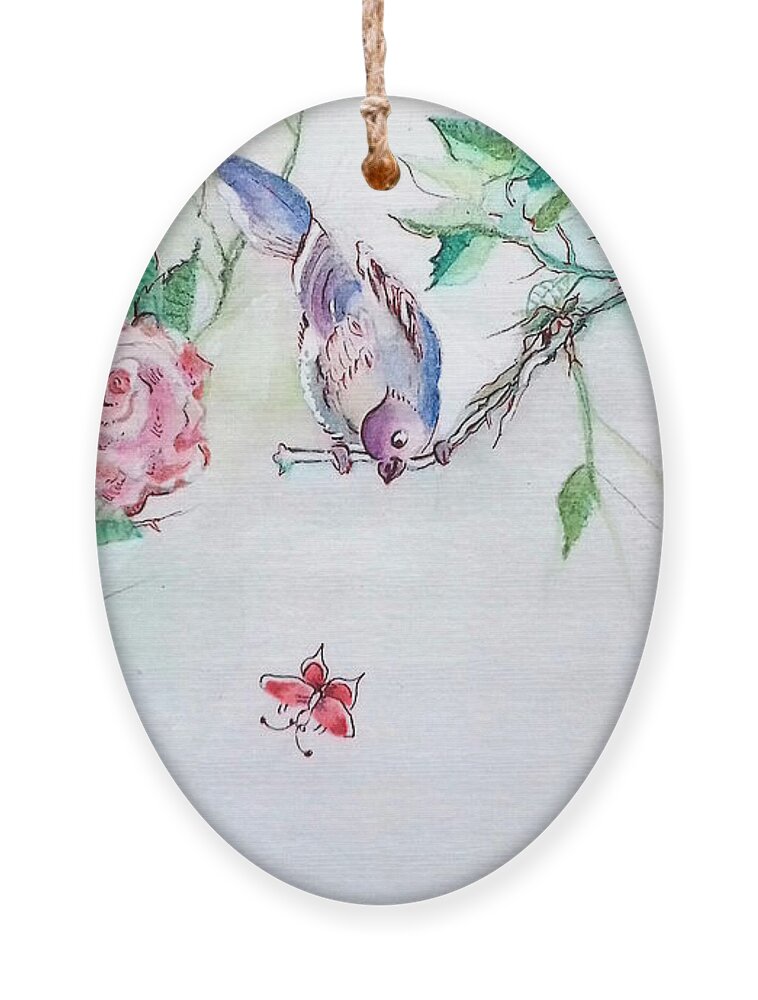 Birds Ornament featuring the drawing Birds staring at a butterfly I by Carolina Prieto Moreno