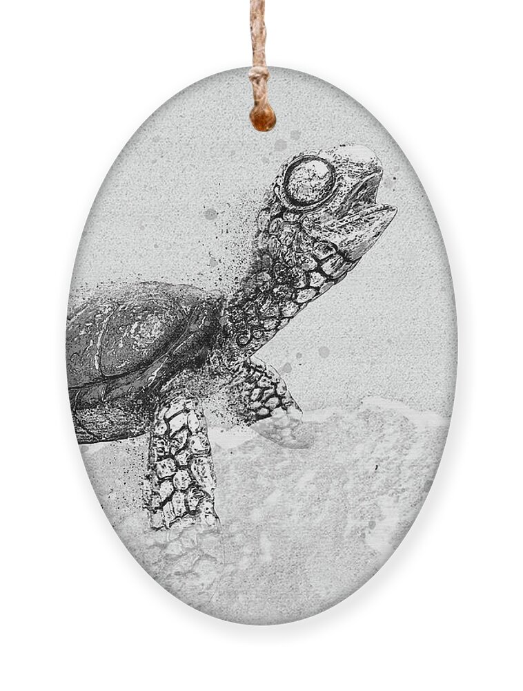 Sea Turtle On Beach Ornament featuring the digital art Black and White Sea Turtle on Beach by Pamela Williams