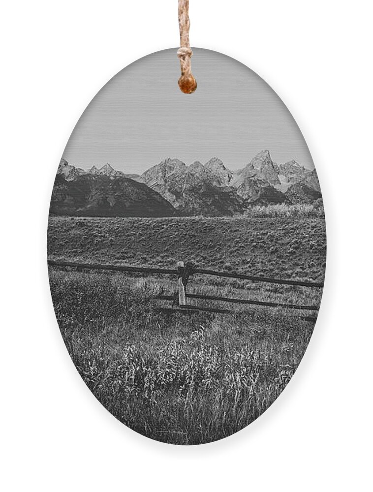 Beautiful Landscape In Grand Teton National Park Ornament featuring the photograph Black And White Teton Landscape Rustic Fence by Dan Sproul
