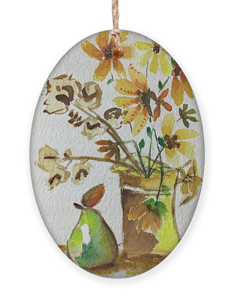 Still Life Ornament featuring the painting Black eyed Susans and a Pear by Roxy Rich