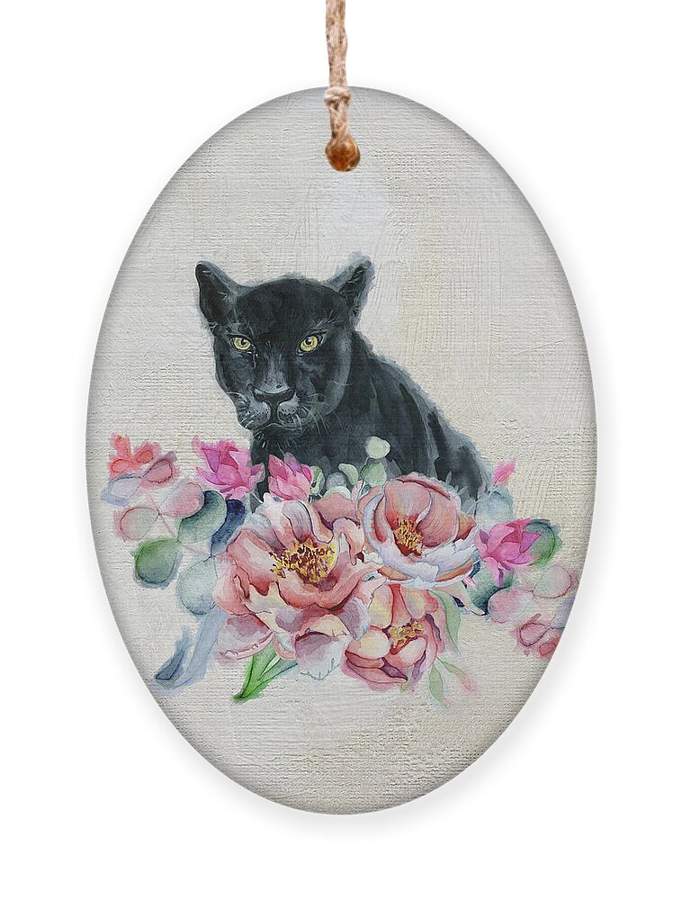 Black Panther Ornament featuring the painting Black Panther With Flowers by Garden Of Delights