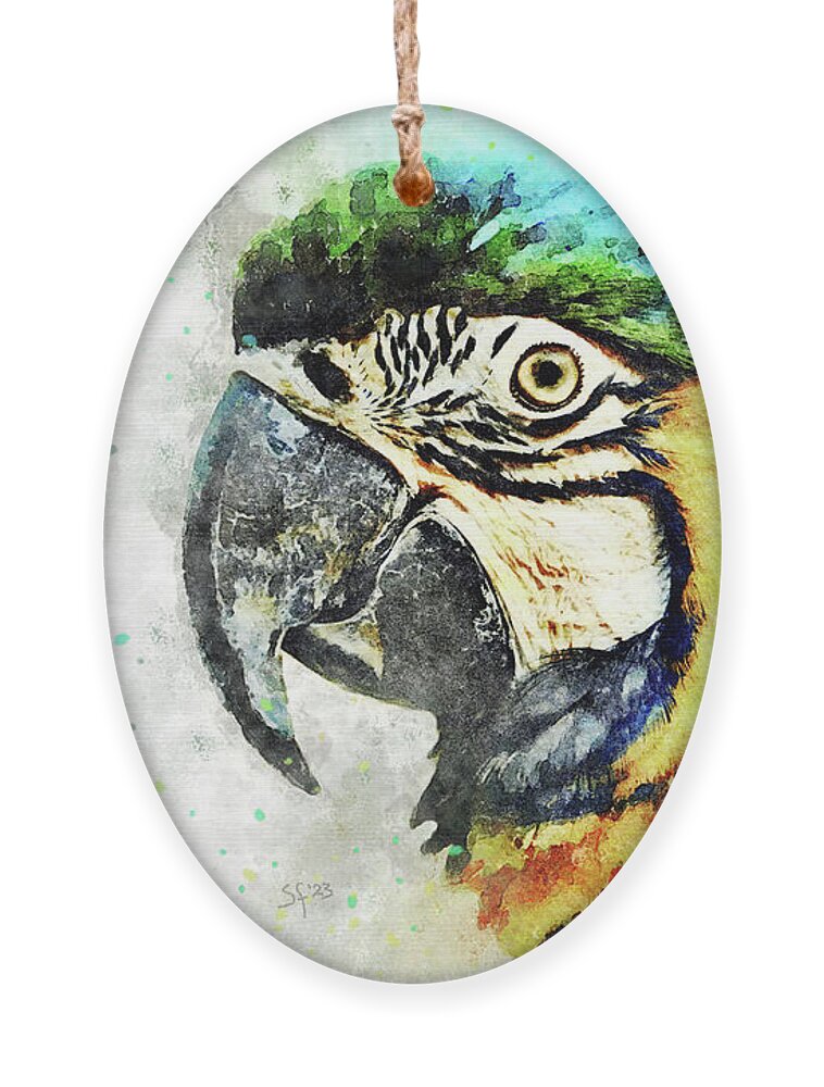 Bird Ornament featuring the mixed media Blue and Yellow Macaw Watercolor Parrot-Bird Painting by Shelli Fitzpatrick