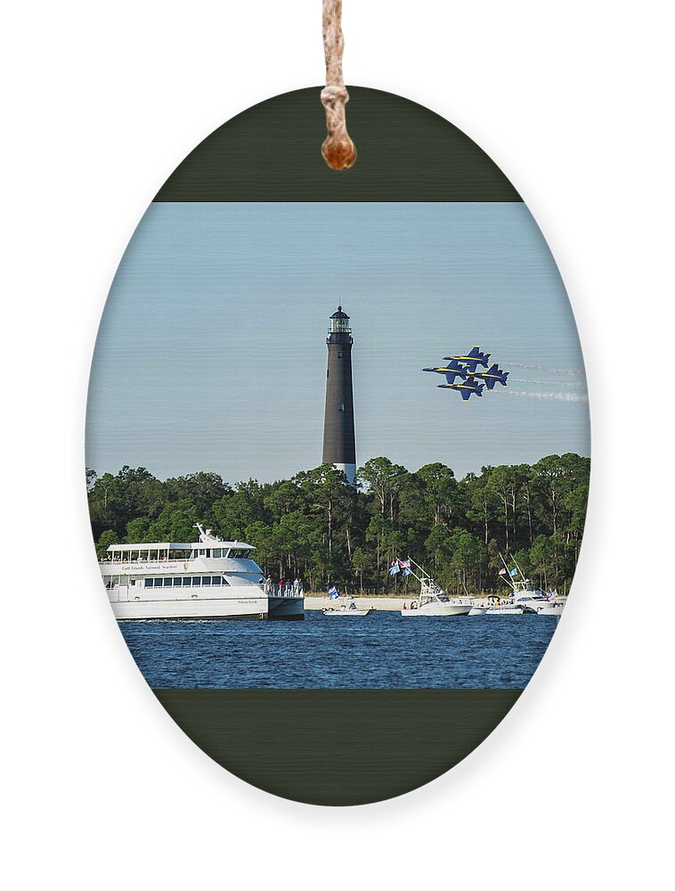 Blue Angels Ornament featuring the photograph Blue Angels over Pensacola Lighthouse and Ferry by Beachtown Views