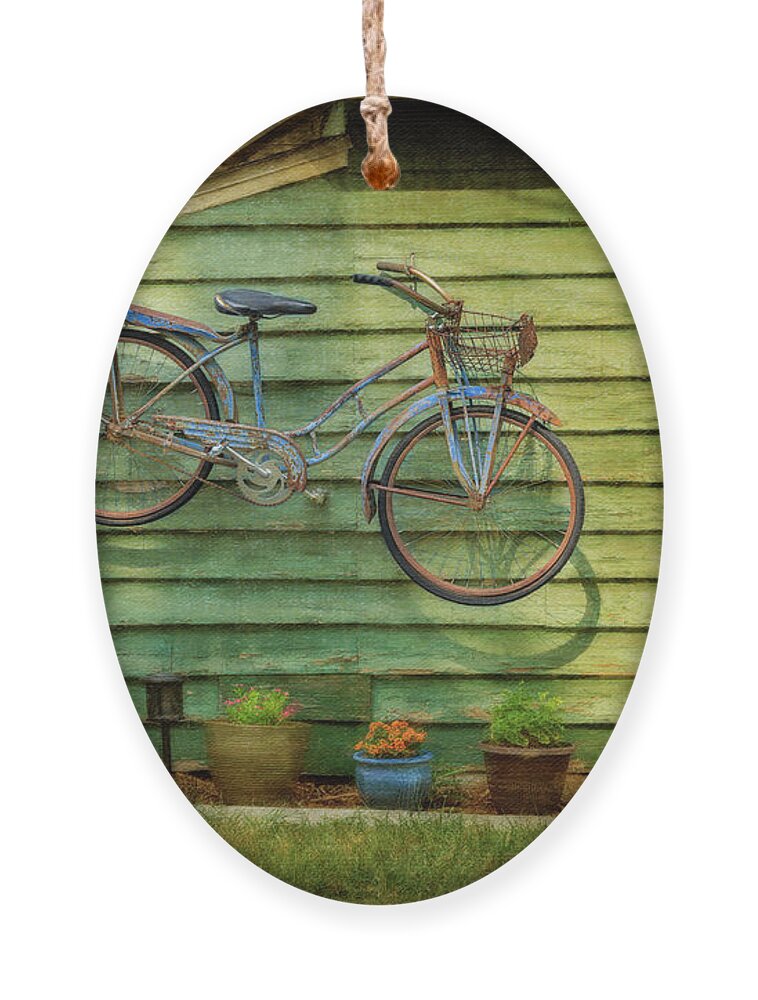 Aib_2022 #2551 Ornament featuring the photograph Blue Bicycle on the Wall by Craig J Satterlee
