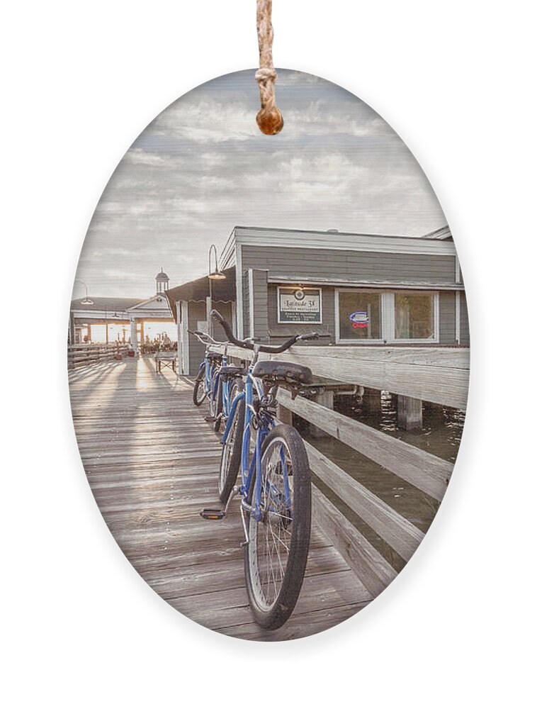 Clouds Ornament featuring the photograph Blue Bicycles on the Jekyll Island Beach Boardwalk Pier by Debra and Dave Vanderlaan