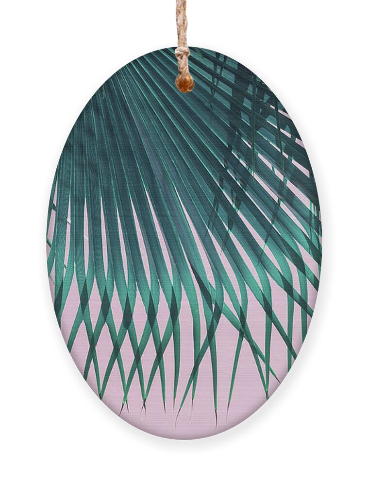 Palm Leaf Ornament featuring the photograph Blue green palm leaf and pink sky on the beach by Adriana Mueller